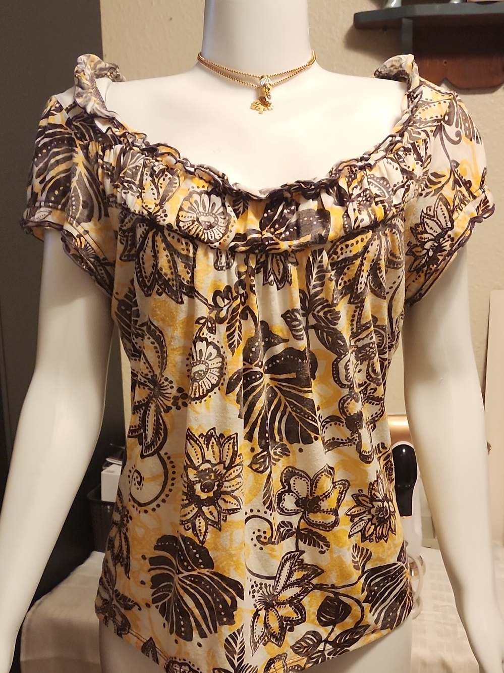 INC International Concepts Yellow and Brown Floral Ruffle-Trim Top